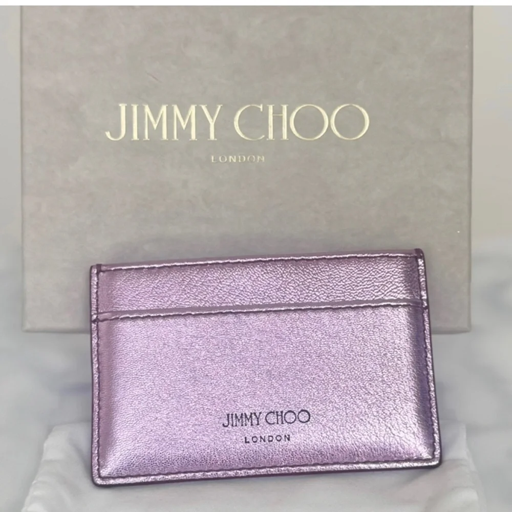 JIMMY CHOO Leather Metallic Lavender Lilac Card Holder logo Wallet NEW